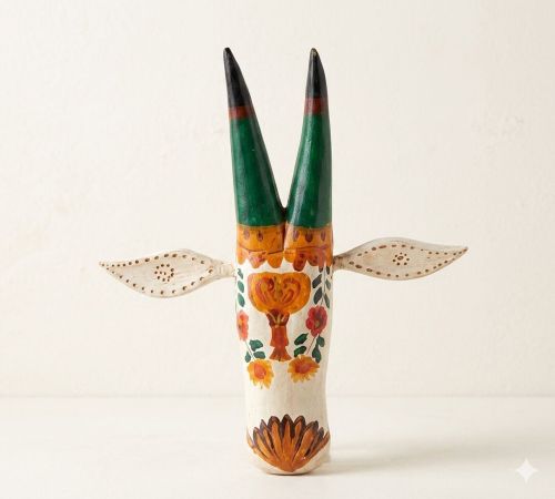 Ivory Floral Wooden Bull Mask Decor