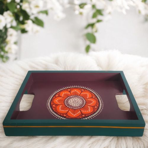 Orange Vibrant Floral Hand Painted Wooden Tray