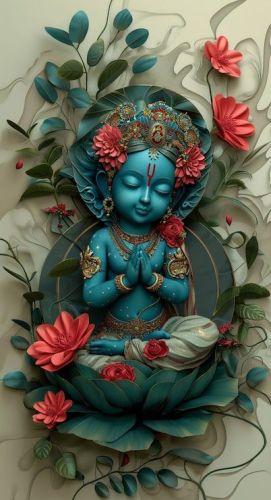 Bal Krishna Lotus Floral 3D Canvas Wall Painting