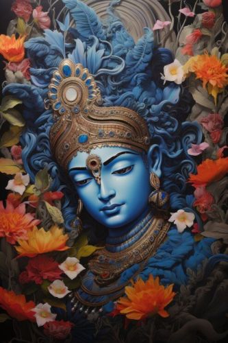 Floral Lord Krishna Portrait Canvas Wall Painting