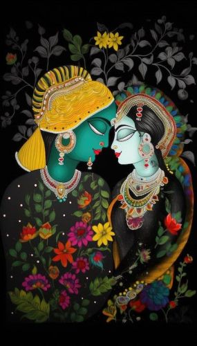 Floral Radha Krishna Traditional Canvas Wall Painting