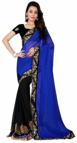 Ladies Blue Embroidered Border Saree