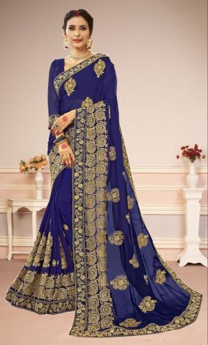 Ladies Blue Heavy Embroidered Saree
