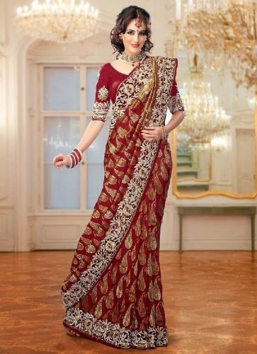 Ladies Maroon Embroidered Designer Saree