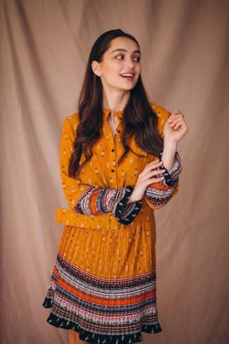 Ladies Mustard Ethnic Print Mini Dress