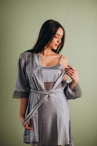 Ladies Satin Lace Nightwear Robe Set