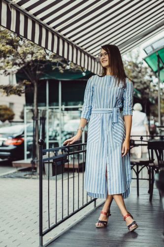 Ladies Striped Cold Shoulder Midi Dress