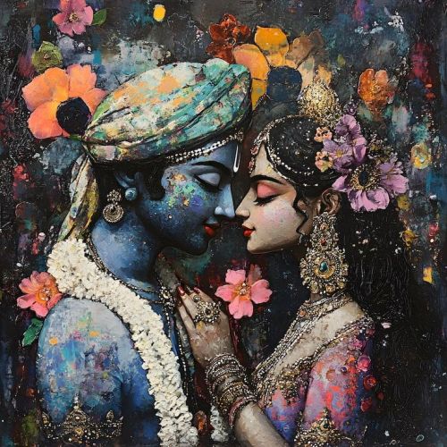 Romantic Radha Krishna Floral Canvas Wall Painting