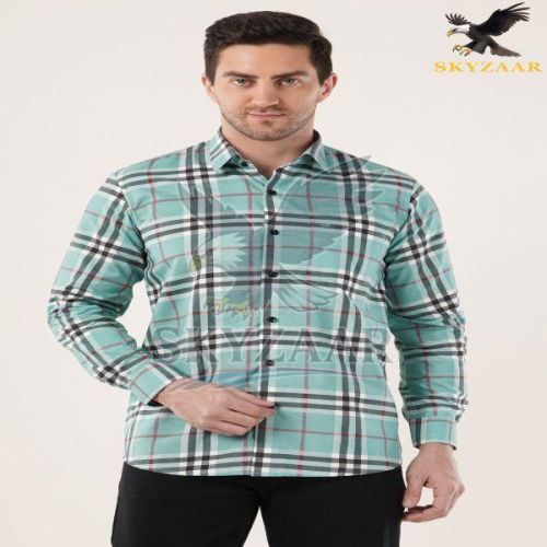Mens Aqua Blue and Black Check Full Sleeve Cotton Shirt