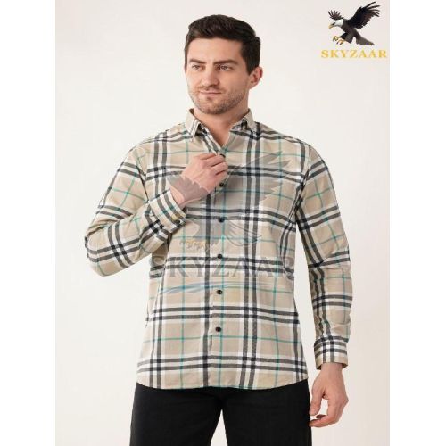 Mens Beige and Black Check Full Sleeve Cotton Shirt