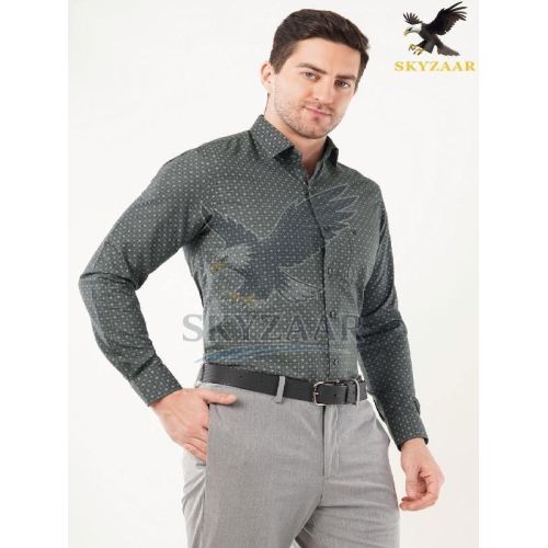 Mens Grey Printed Cotton Linen Full Sleeve Shirt