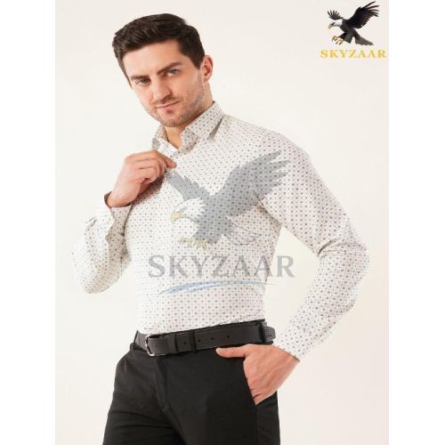 Mens White Printed Cotton Linen Full Sleeve Shirt