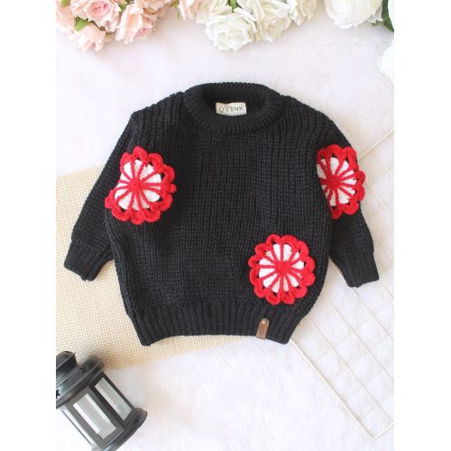Crochet Full Sleeves Red White Floral Applique Sweater