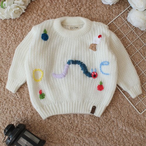 Hand Knitted Full Sleeves Caterpillar Designed One Text Sweater