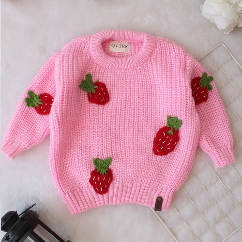 Hand Knitted Full Sleeves Strawberry Applique Detailed Sweater