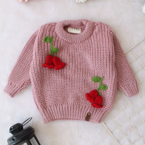 Hand Knitted Full Sleeves Tulip Floral Applique Detailed Sweater