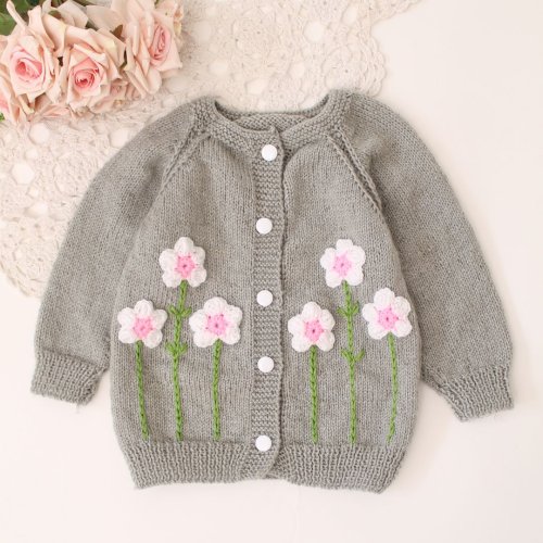 Handknitted Full Sleeves Floral Design Cardigan