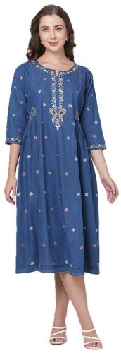 Ladies Blue Embroidered Denim Boho Dress