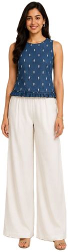 Ladies Stylish Blue Denim Embroidered Crop Top