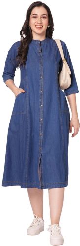 Ladies Blue Embroidered Denim One Piece Dress