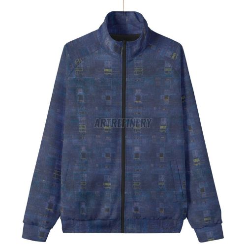 Mens Navy Cyan Digital Texture Stand Collar Jacket