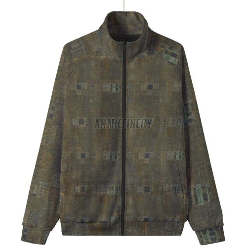 Mens Olive Green Abstract Grid Stand Collar Jacket