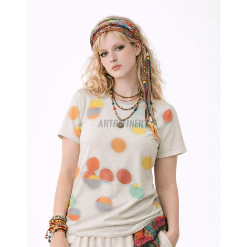 Womens Cream Orange Polka DOT Print Cotton T-Shirt