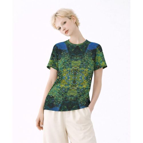 Womens Green Blue Abstract Mosaic Stipple Cotton T-Shirt
