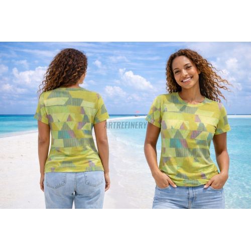 Womens Olive Green Chartreuse Geometric Triangle Texture Cotton T-Shirt