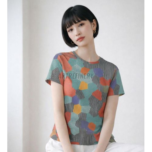 Womens Orange Teal Geometric Striped Pattern Cotton T-Shirt