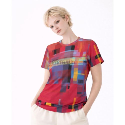 Womens Red Blue Geometric Print Cotton T-Shirt