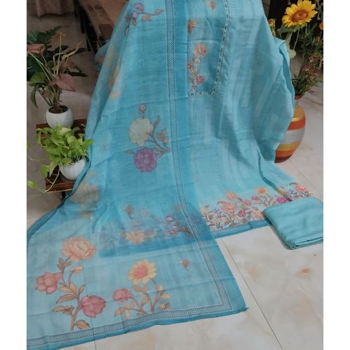 Pure Linen Cotton Embroidered Neckline Unstitched Suits