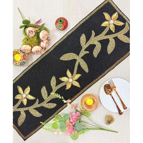 Black and Gold Floral Beaded Table Runner