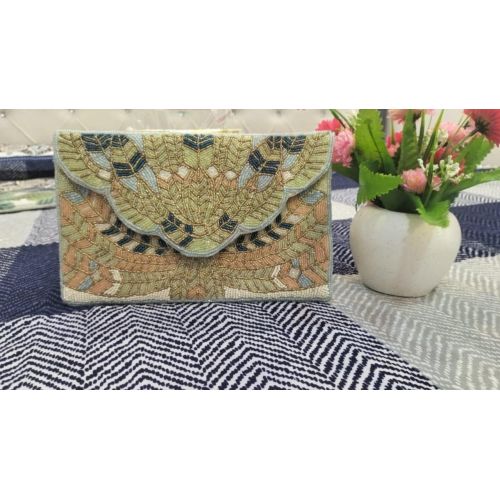 Feather Motif Beaded Envelope Clutch Purse