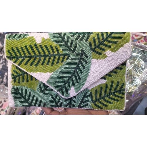 Green Leaf Beaded Envelope Clutch Purse