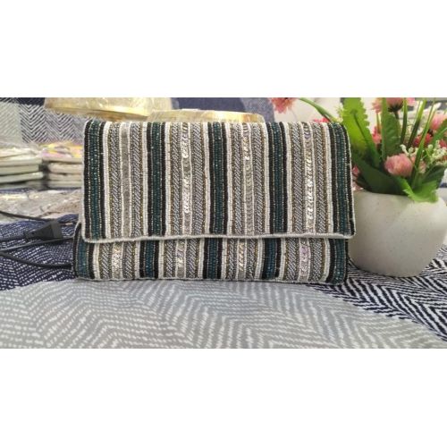 Metallic Stripe Beaded Envelope Clutch Purse