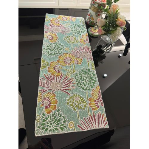 Mint Floral Garden Beaded Table Runner