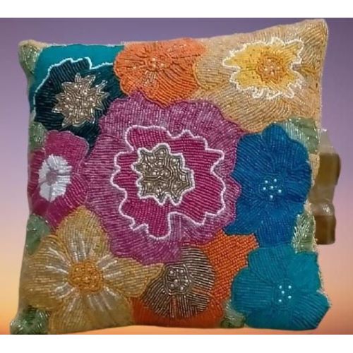 Multicolor Floral Beaded Cushion Cover
