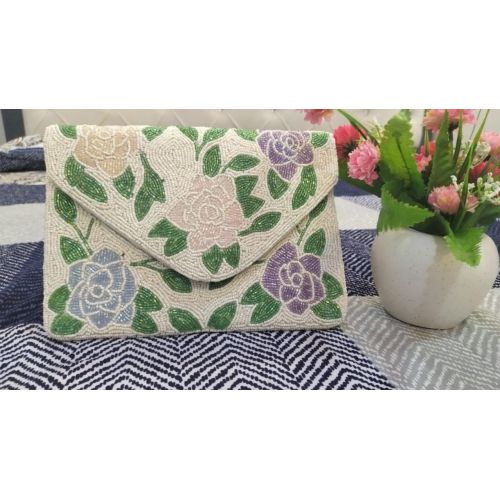 Pastel Floral Beaded Envelope Clutch Purse