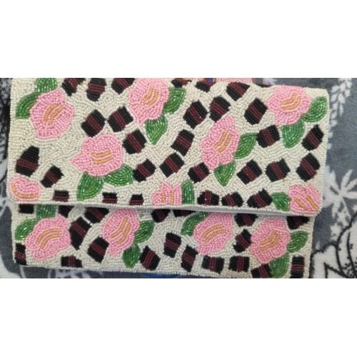 Pink Floral Beaded Envelope Clutch Purse