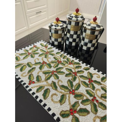White Holly Checkerboard Beaded Table Runner