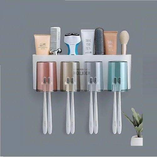 Wall Mounted Toothbrush Holder with 4 Mouthwash Cups