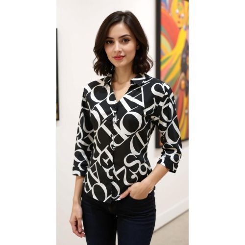 Text Abstract Print Chiffon Shirt for Women