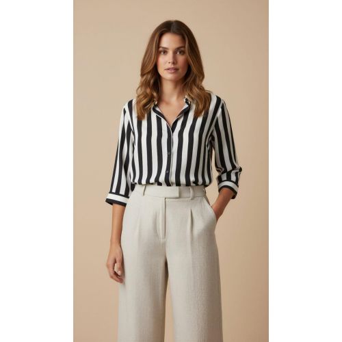 Vertical Stripe Print Chiffon Shirt for Women
