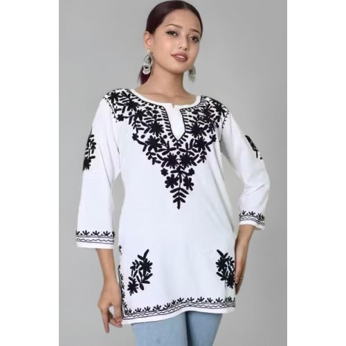 White and Black Floral Embroidered Short Kurti