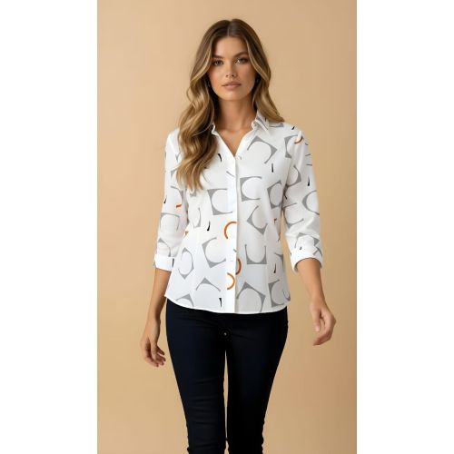 White Printed Women Chiffon Shirt