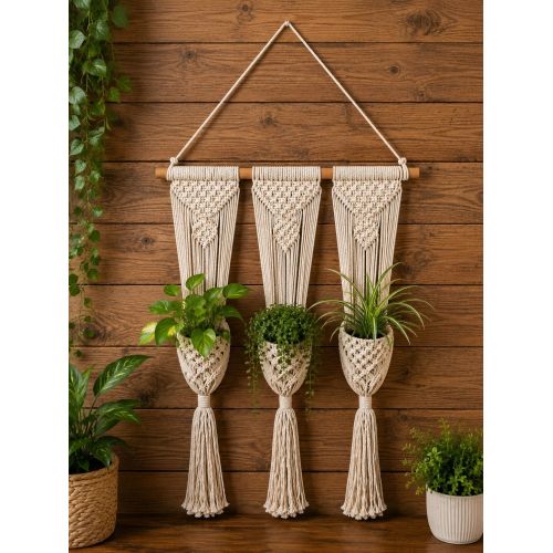 handmade cotton macrame wall hanging 3 pocket boho plant holder