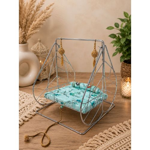 Shree Jagdish Industries Handmade Pure Stainless Steel Laddu Gopal Ji Jhula with Soft Printed Cushio