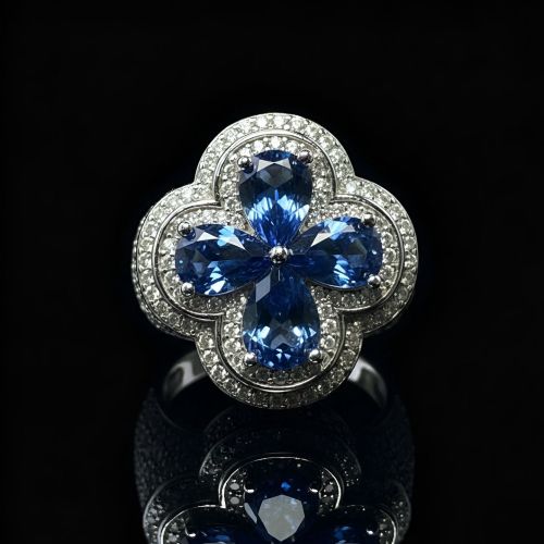 Blue Sapphire Flower Diamond Statement Ring