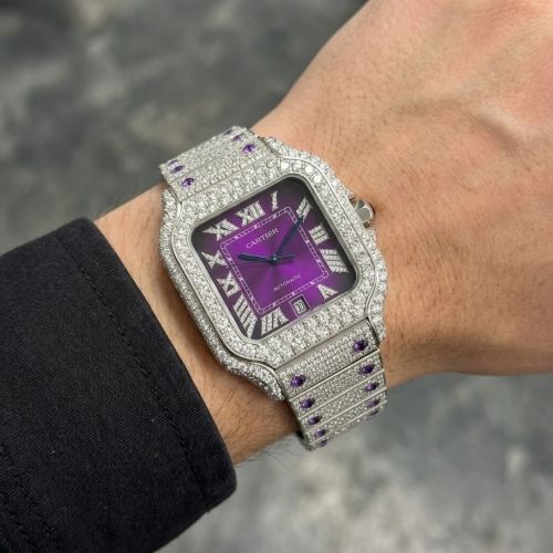 Custom Iced Out Automatic Watch with Purple Dial